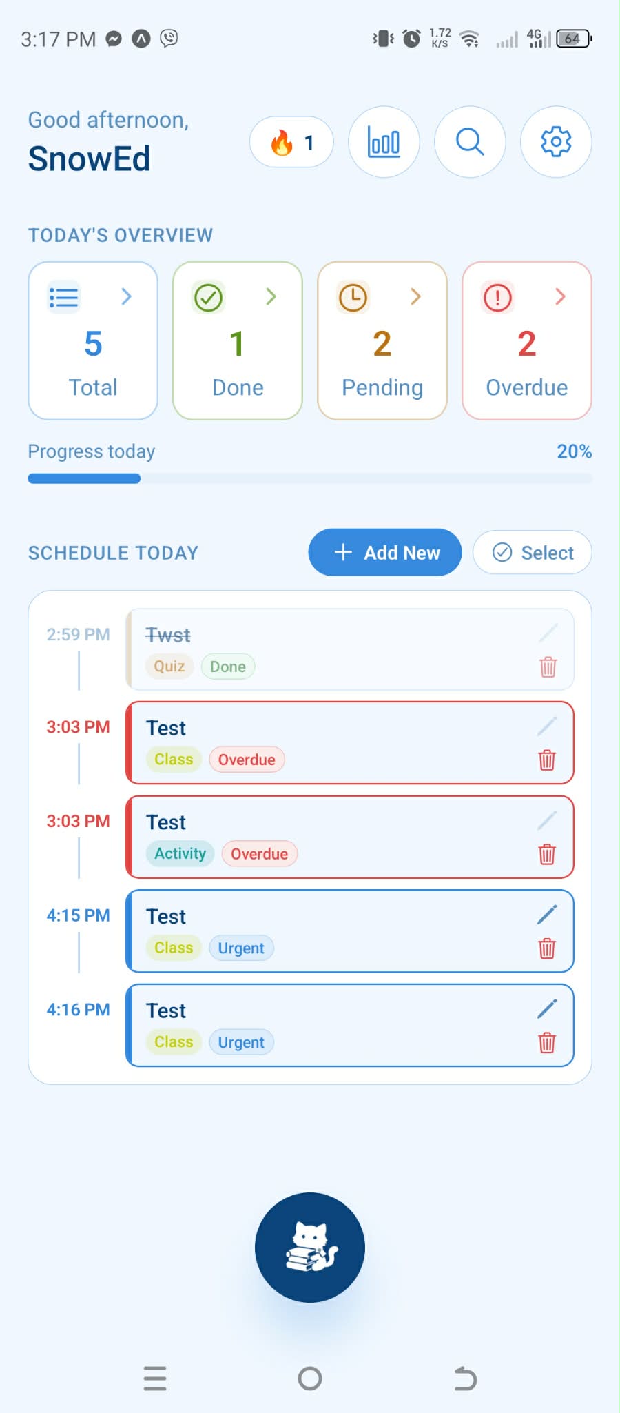 SnowEd Today screen showing the day's schedule and progress